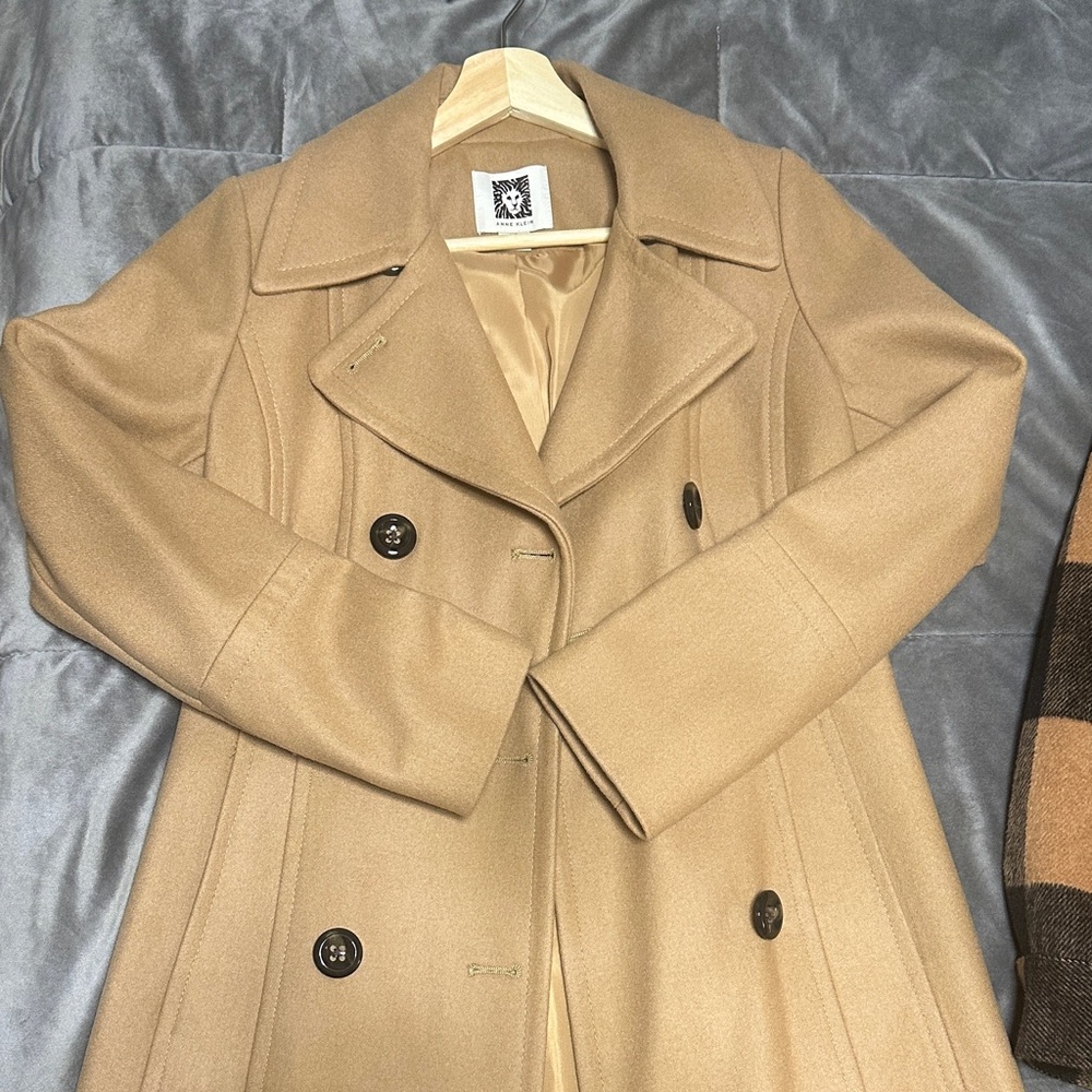Anne Klein Tan Double-Breasted Wool Coat
